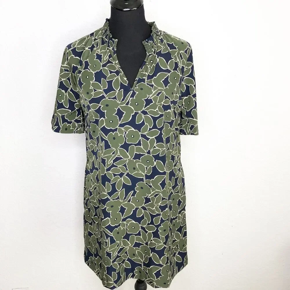 Banana Republic olive green navy blue floral v neck shift dress size 6